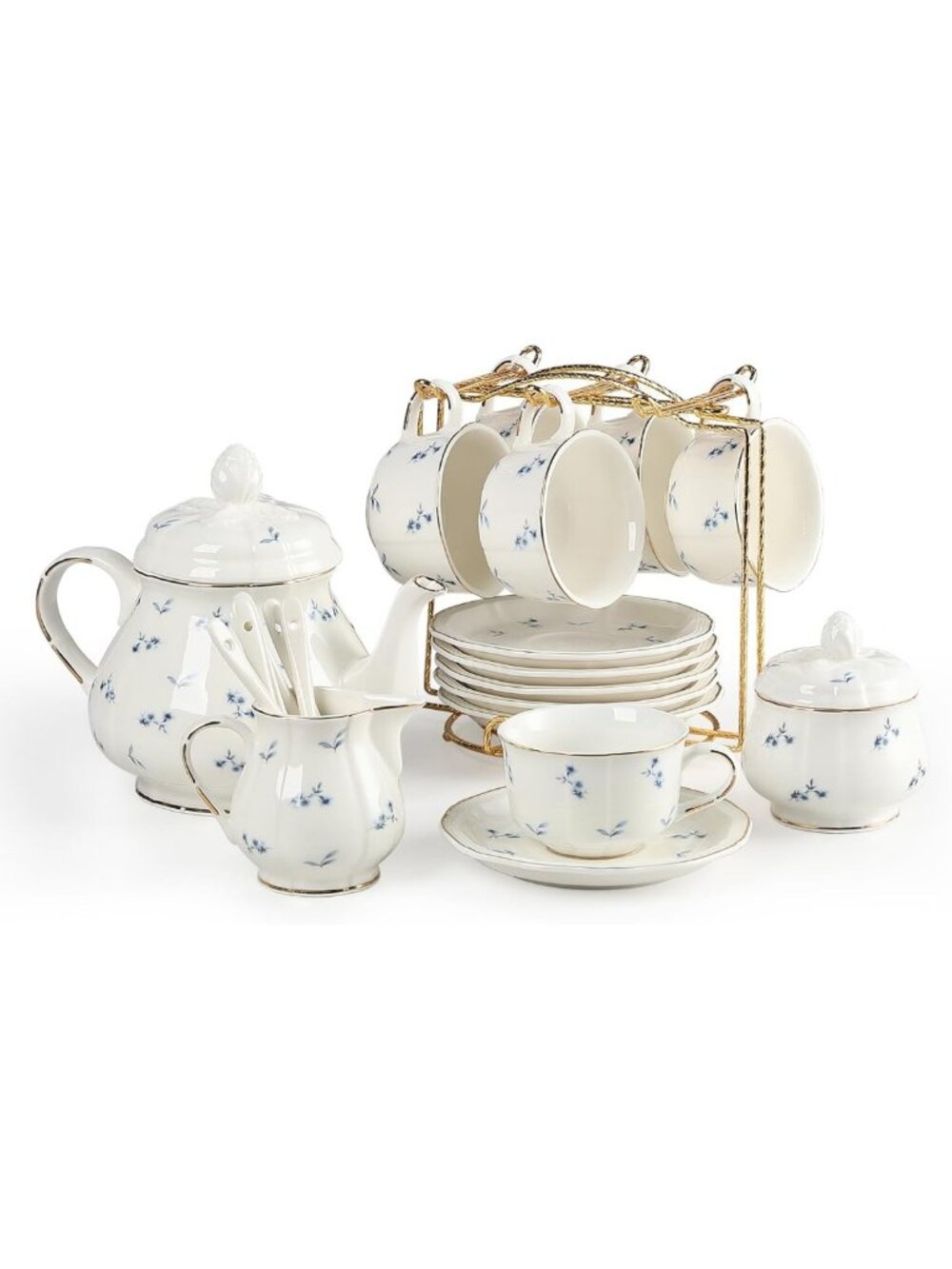 Floral 23-Piece Porcelain Tea Set with Gold Rim, Teapot, Cups & Saucers for 6